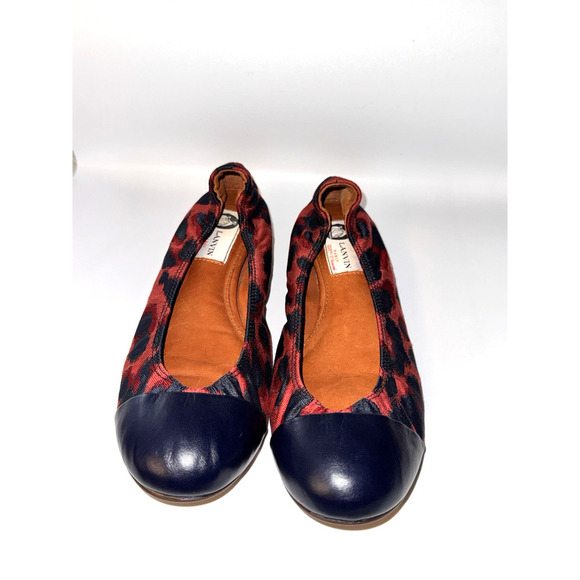 LANVIN Paris Women’s 6 Black Red Leopard Print Lambskin Fabric Ballet Flats EUC - Picture 2 of 11